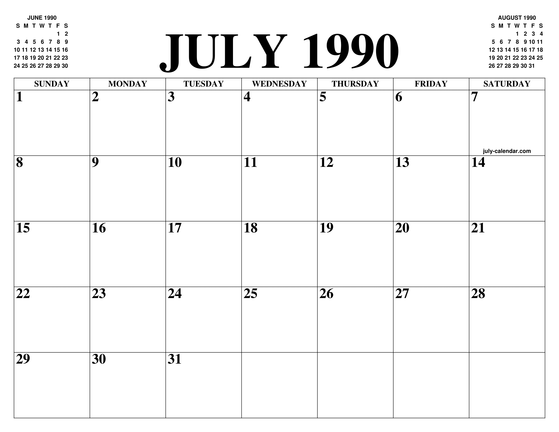 JULY 1990 CALENDAR OF THE MONTH: FREE PRINTABLE JULY CALENDAR OF THE YEAR - AGENDA