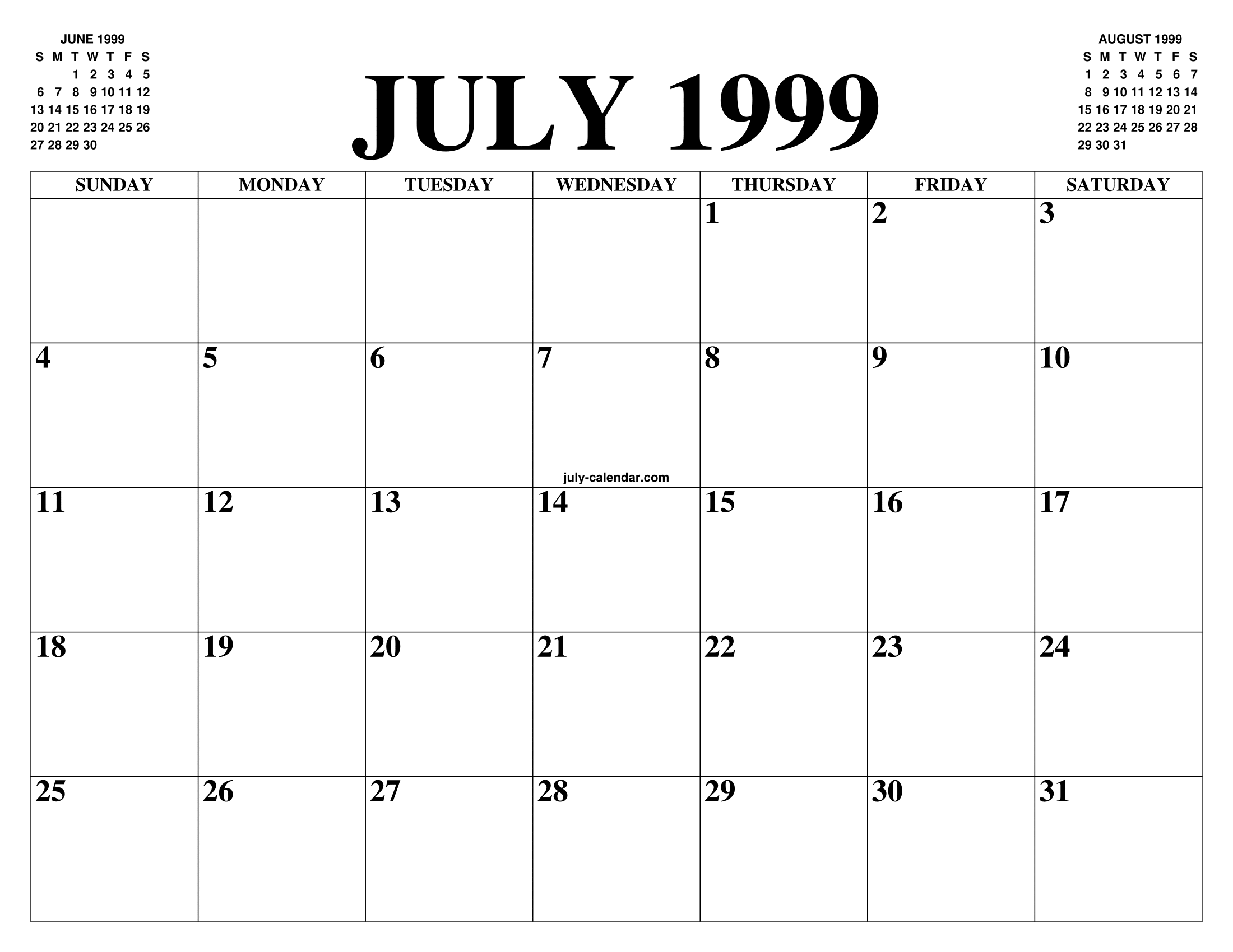 JULY 1999 CALENDAR OF THE MONTH FREE PRINTABLE JULY CALENDAR OF THE