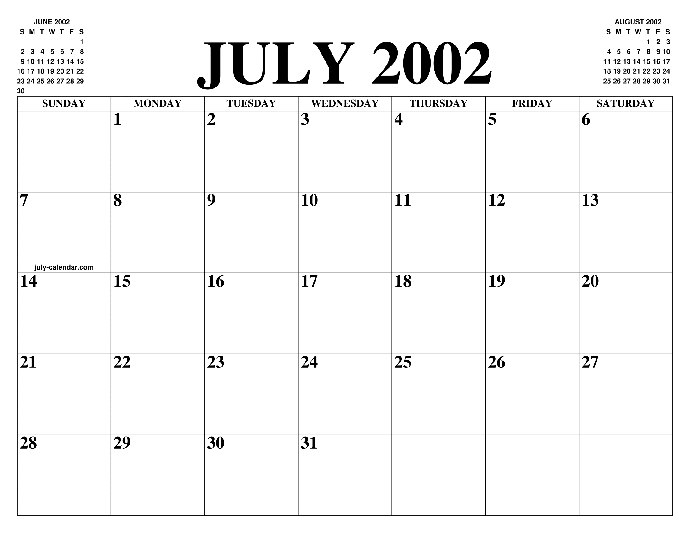 JULY 2002 CALENDAR OF THE MONTH: FREE PRINTABLE JULY CALENDAR OF THE YEAR - AGENDA