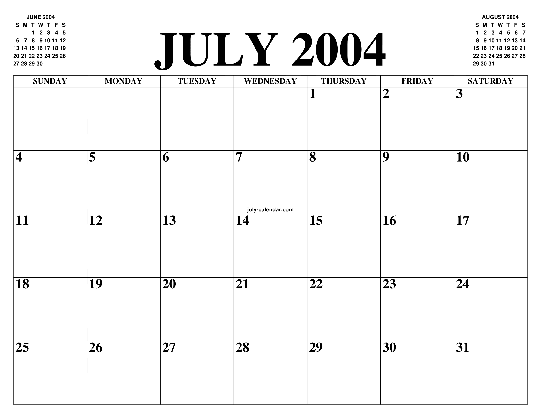 JULY 2004 CALENDAR OF THE MONTH: FREE PRINTABLE JULY CALENDAR OF THE YEAR -  AGENDA
