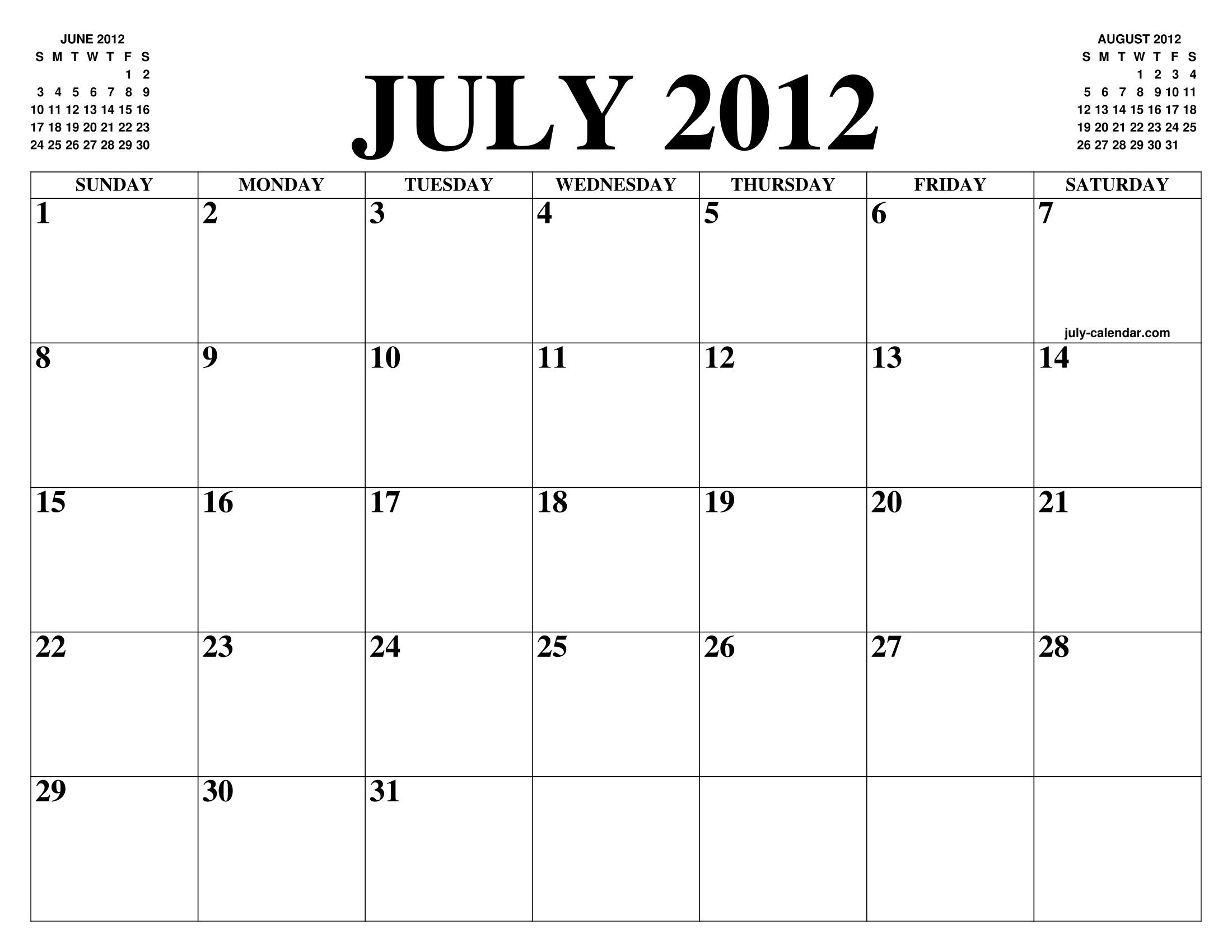 JULY 2012 CALENDAR OF THE MONTH: FREE PRINTABLE JULY CALENDAR OF THE YEAR -  AGENDA