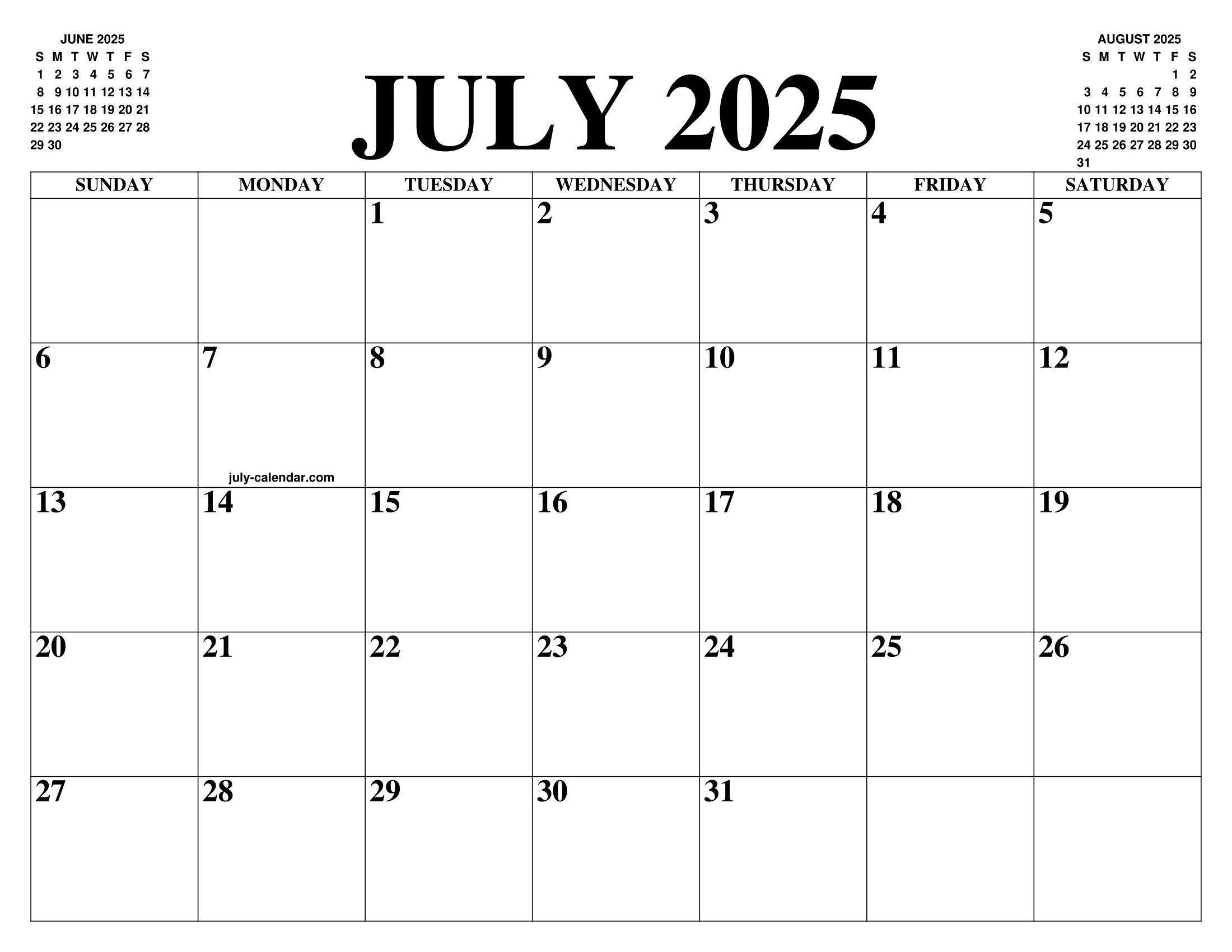 July 2025 Calendar Month Printable Free Pdf