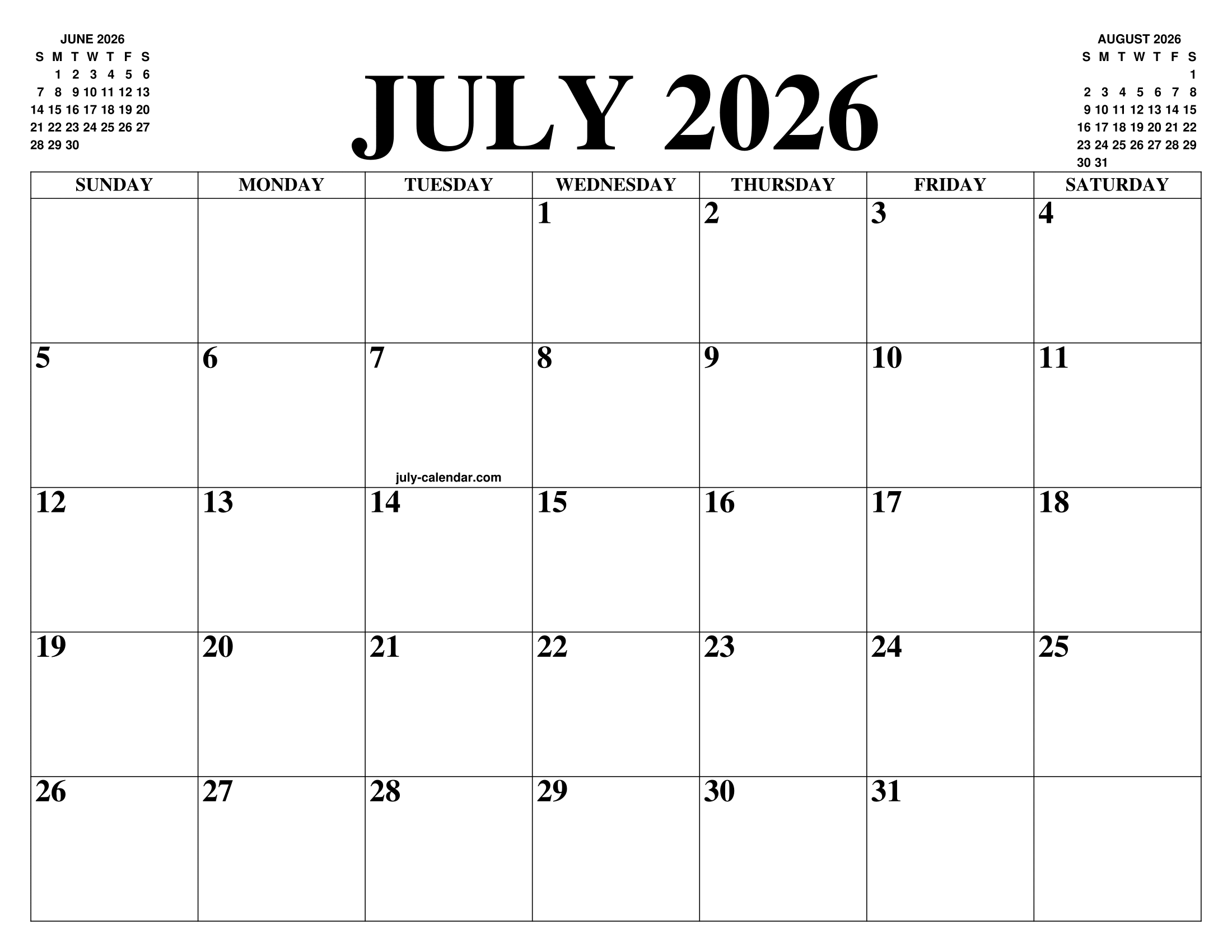JULY 2026 2027 CALENDAR OF THE MONTH FREE PRINTABLE JULY 2026 2027 