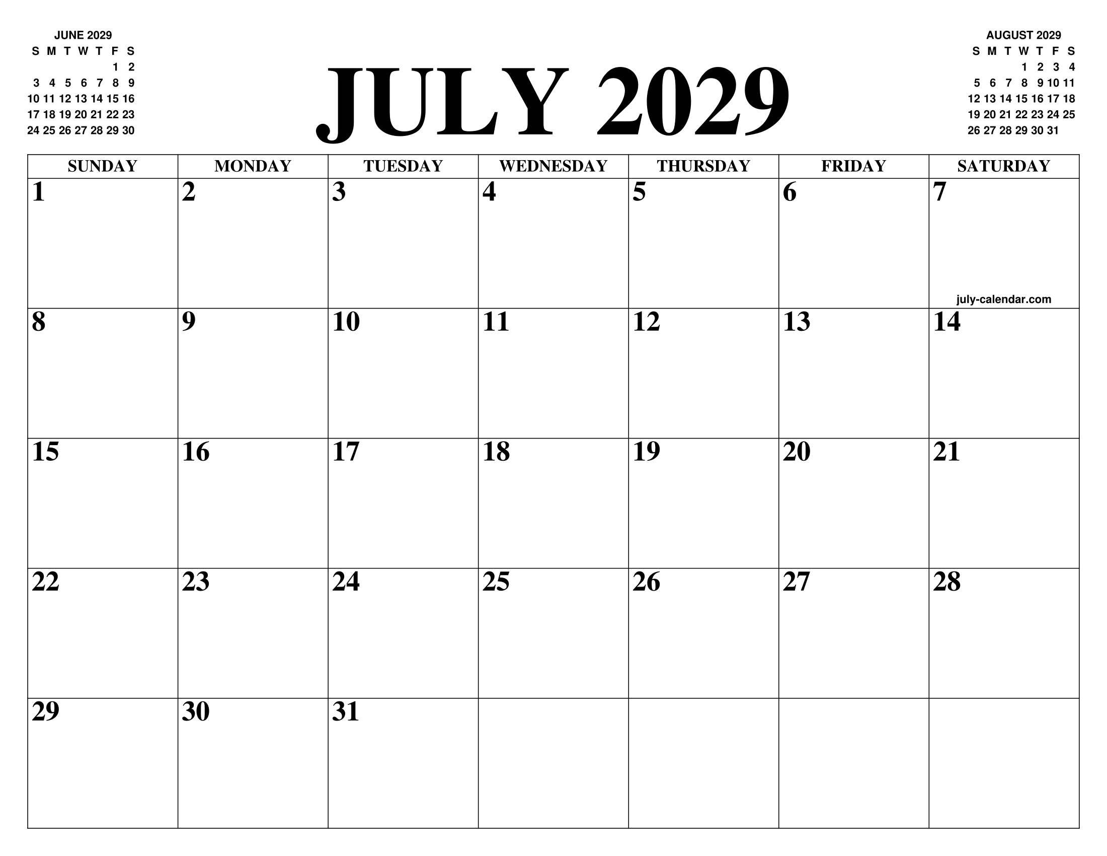 JULY 2029 CALENDAR OF THE MONTH: FREE PRINTABLE JULY CALENDAR OF THE YEAR -  AGENDA