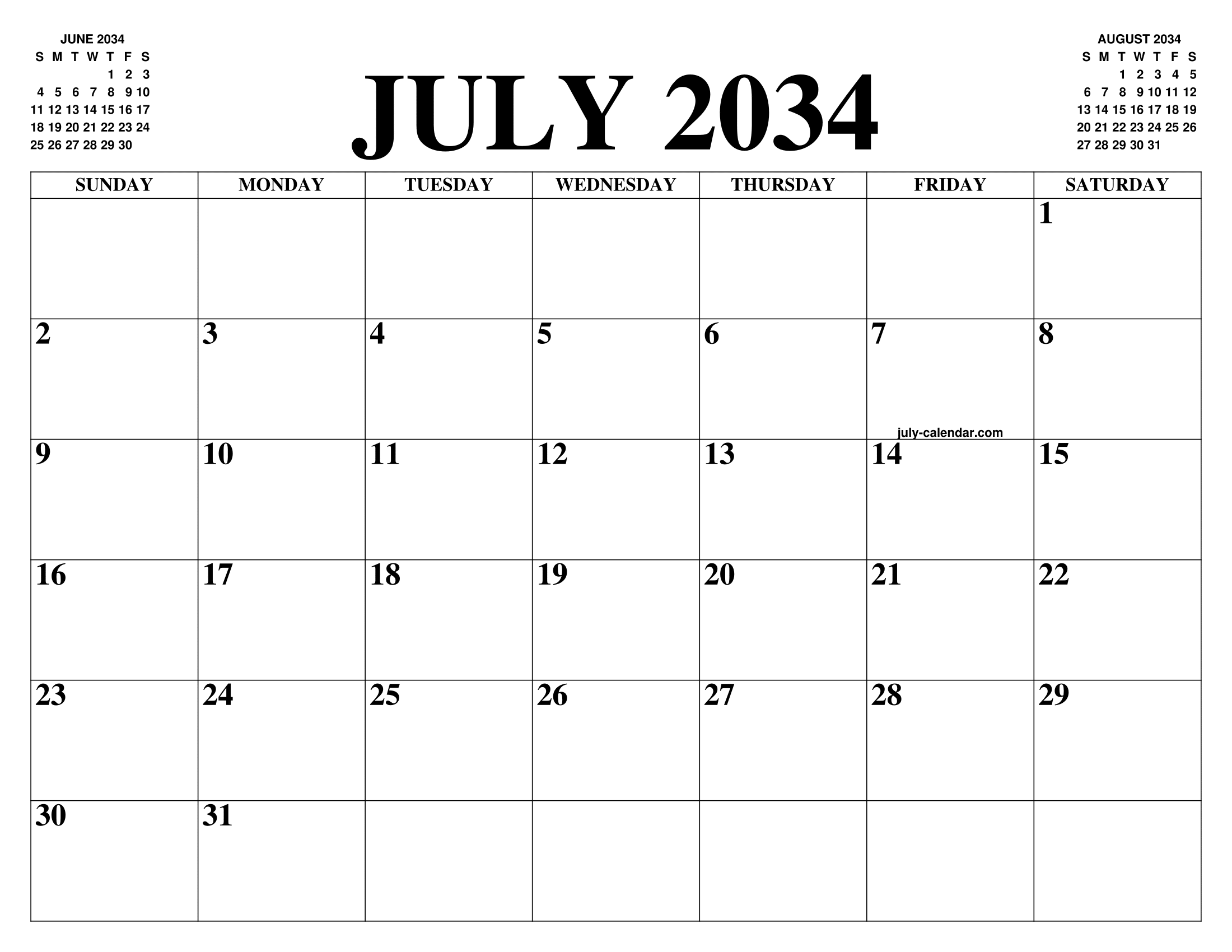 JULY 2034 CALENDAR OF THE MONTH: FREE PRINTABLE JULY CALENDAR OF THE YEAR -  AGENDA